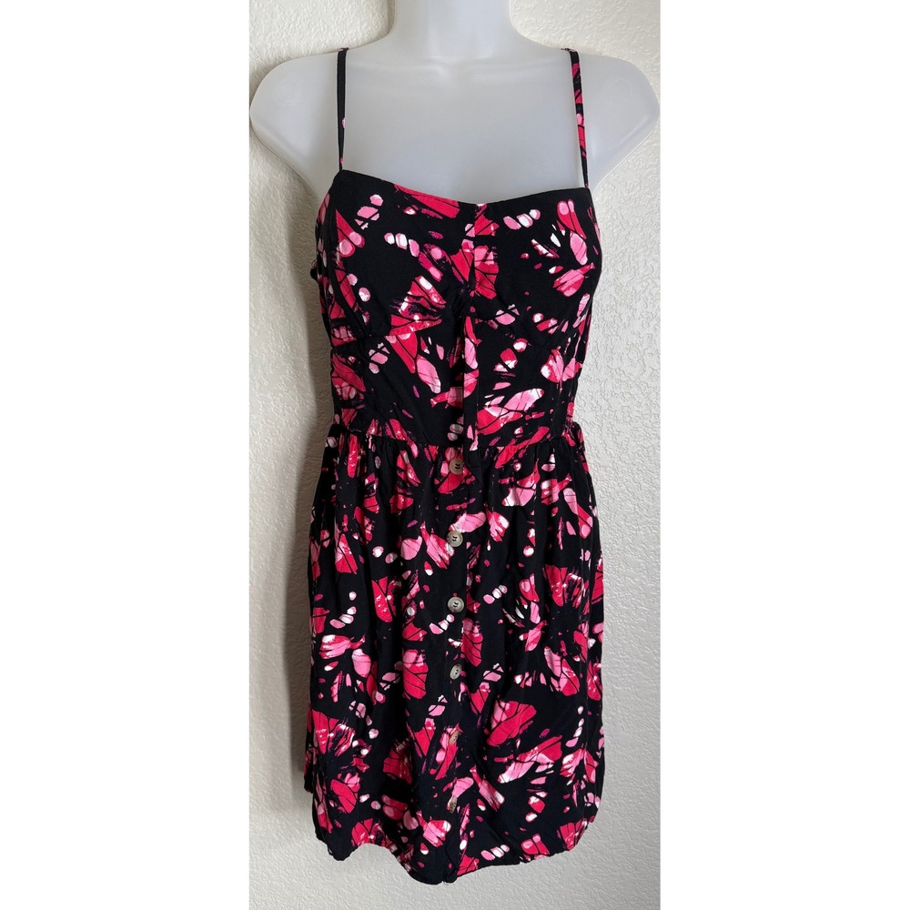 Womens Large Babydoll Tunic Black Pink Abstract Print Smocked Back Festival Boho